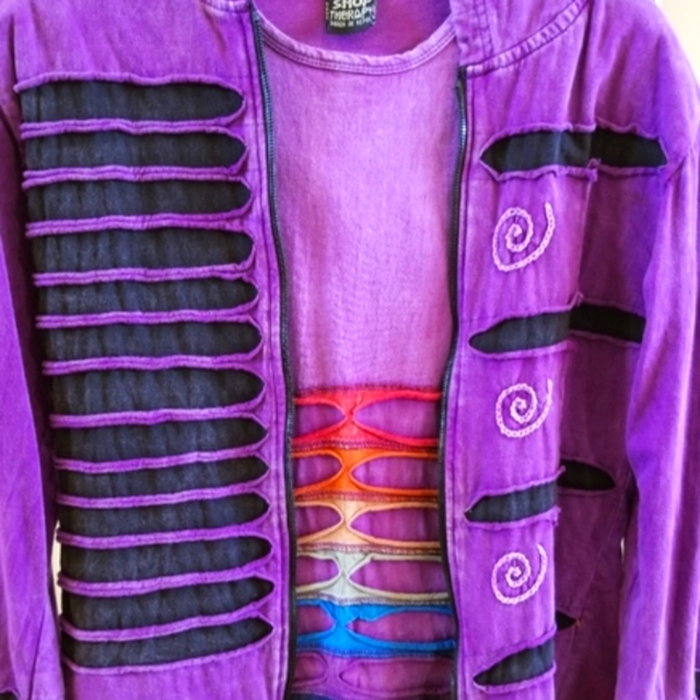 Shopping Therapy Purple Hoody Black Stripes & Colorful Short Sleeve Cotton Set - Picture 9 of 12